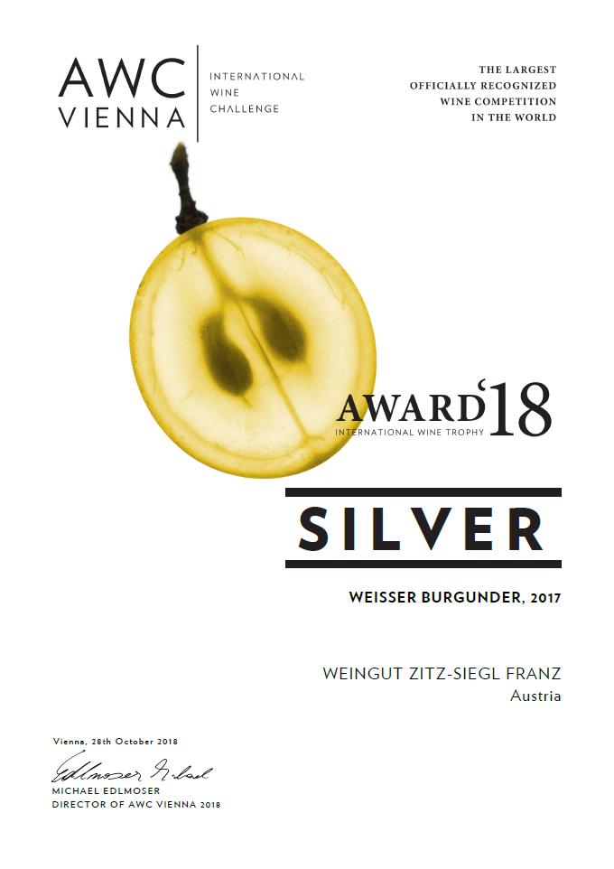 Urkunde Weisser Burgunder AWC Vienna 2018